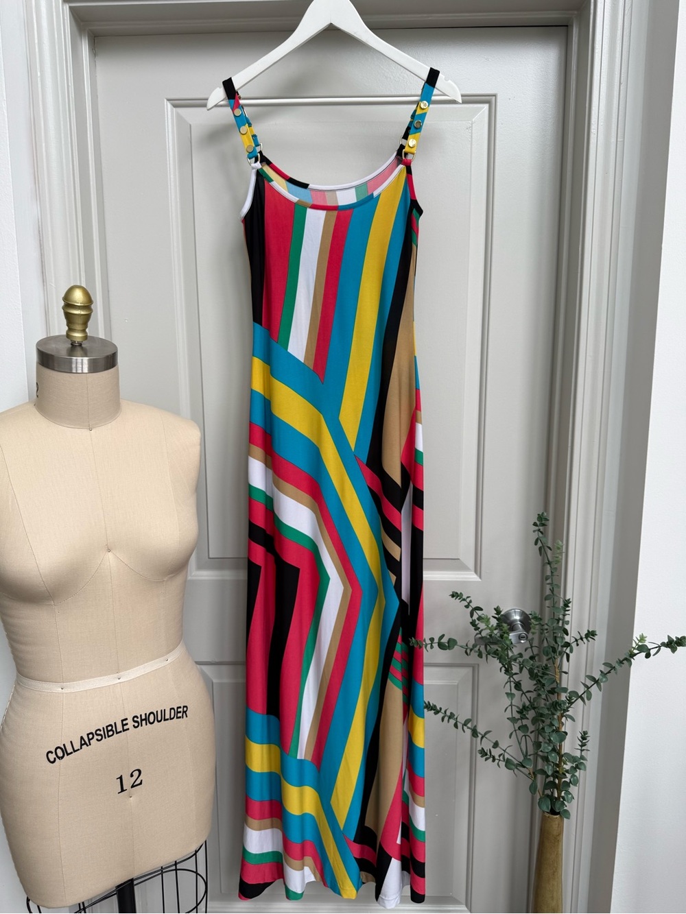Express Multicolor Striped Maxi Dress in Teal, Yellow, Pink, Black & White